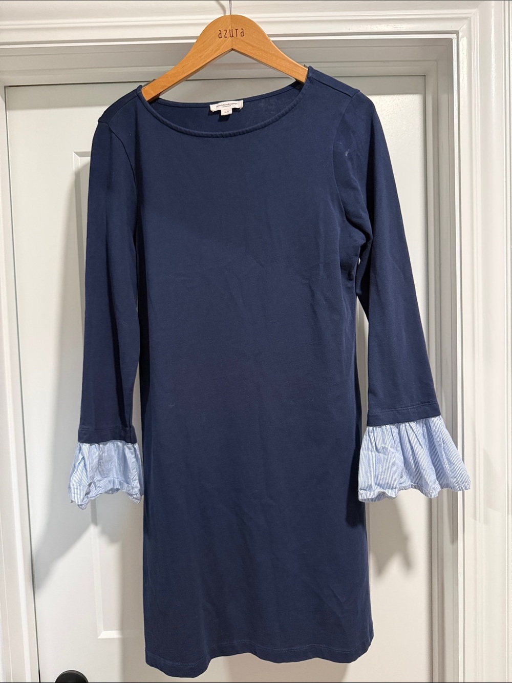 beachlunchlounge Navy Knit Dress with Light Blue Ruffle Cuffs Size Medium